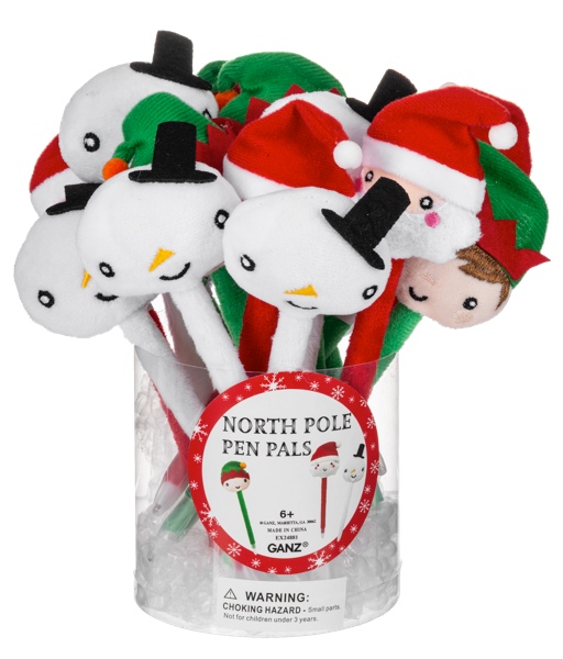 A set of GANZ' North Pole-themed novelty pen pals bundled in a clear plastic container. The plush pens include snowman, elf, Santa Claus, and cartoon character designs in red, green, white, and black.