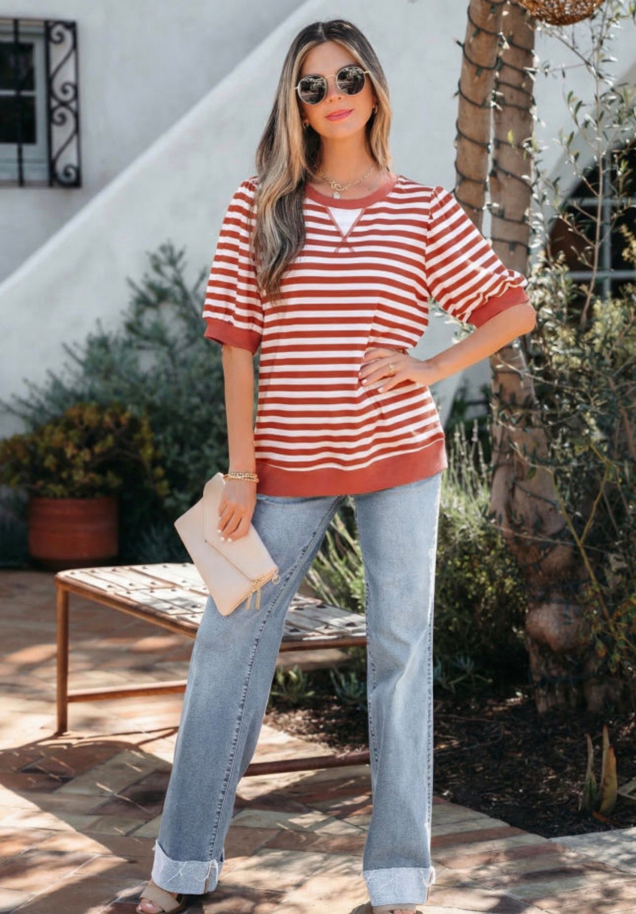 Orange Stripe Bubble Sleeve Top