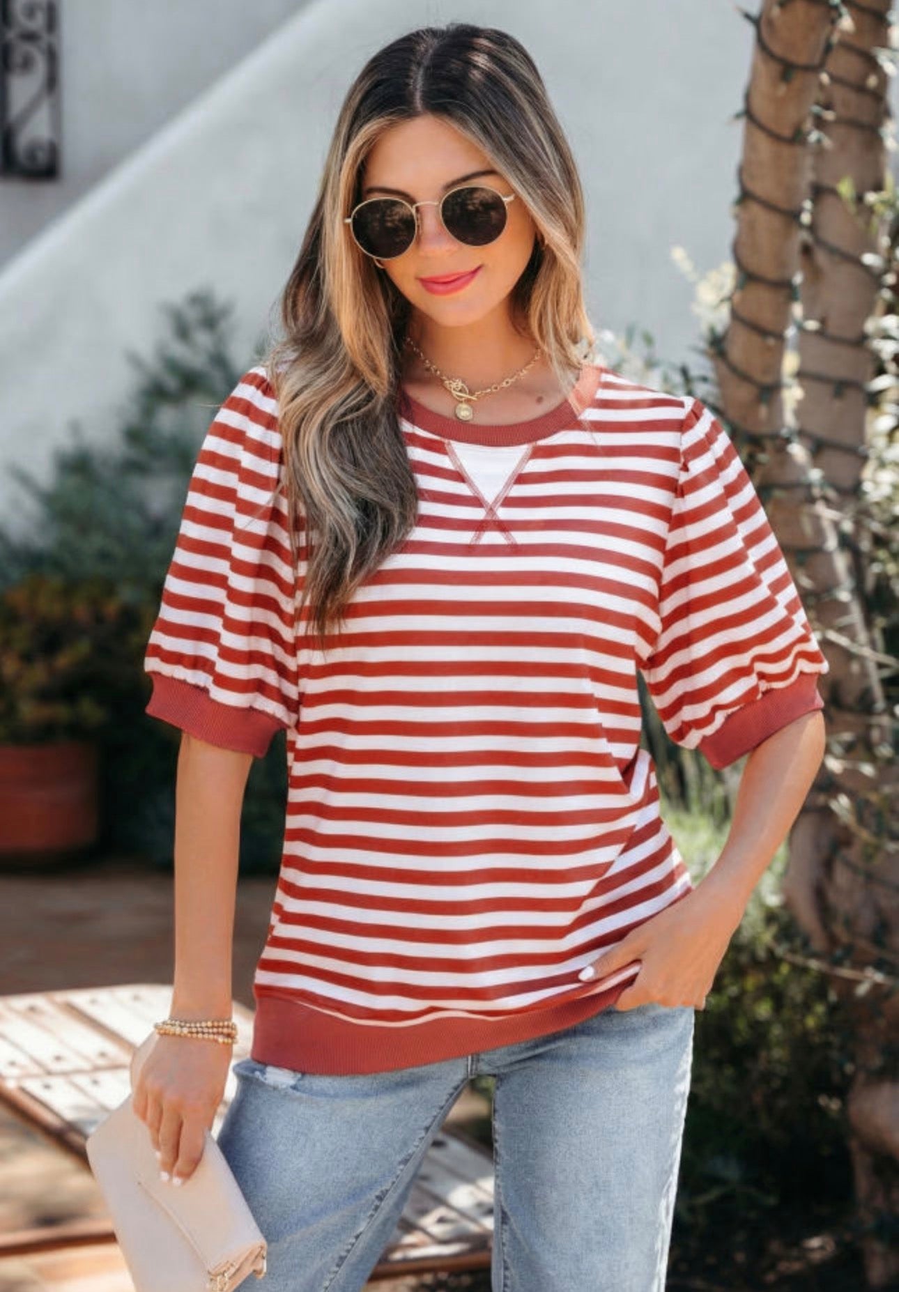 Orange Stripe Bubble Sleeve Top