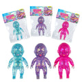 Six glow-in-the-dark glitter baby dolls in their original packaging and displayed unpackaged, shown in blue, purple, and pink colors on a white background.