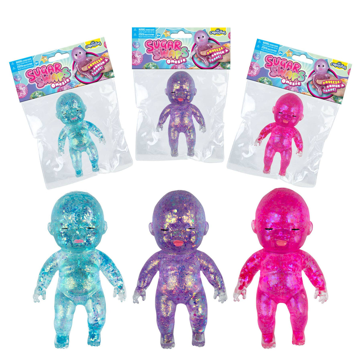 Six glow-in-the-dark glitter baby dolls in their original packaging and displayed unpackaged, shown in blue, purple, and pink colors on a white background.