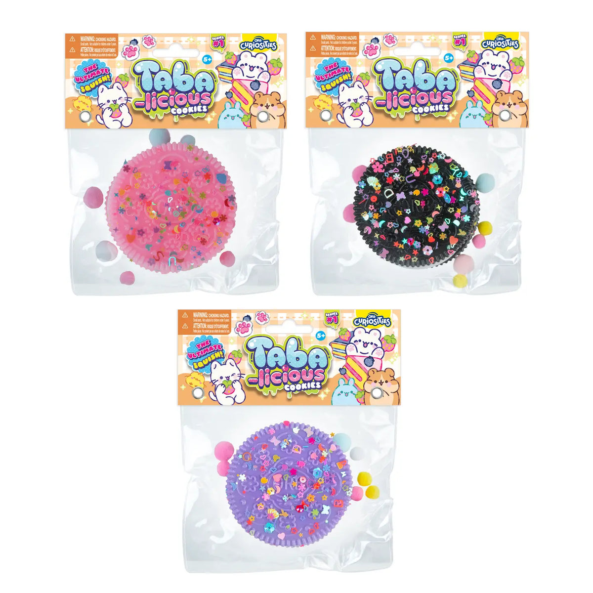 Three packages of Taba-licious cookies with colorful designs on a white background