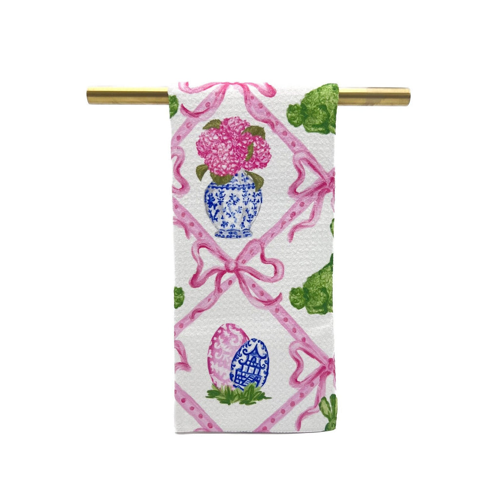 Pink antique Easter garden decorative waffle weave tea towel floral spring kitchen decor