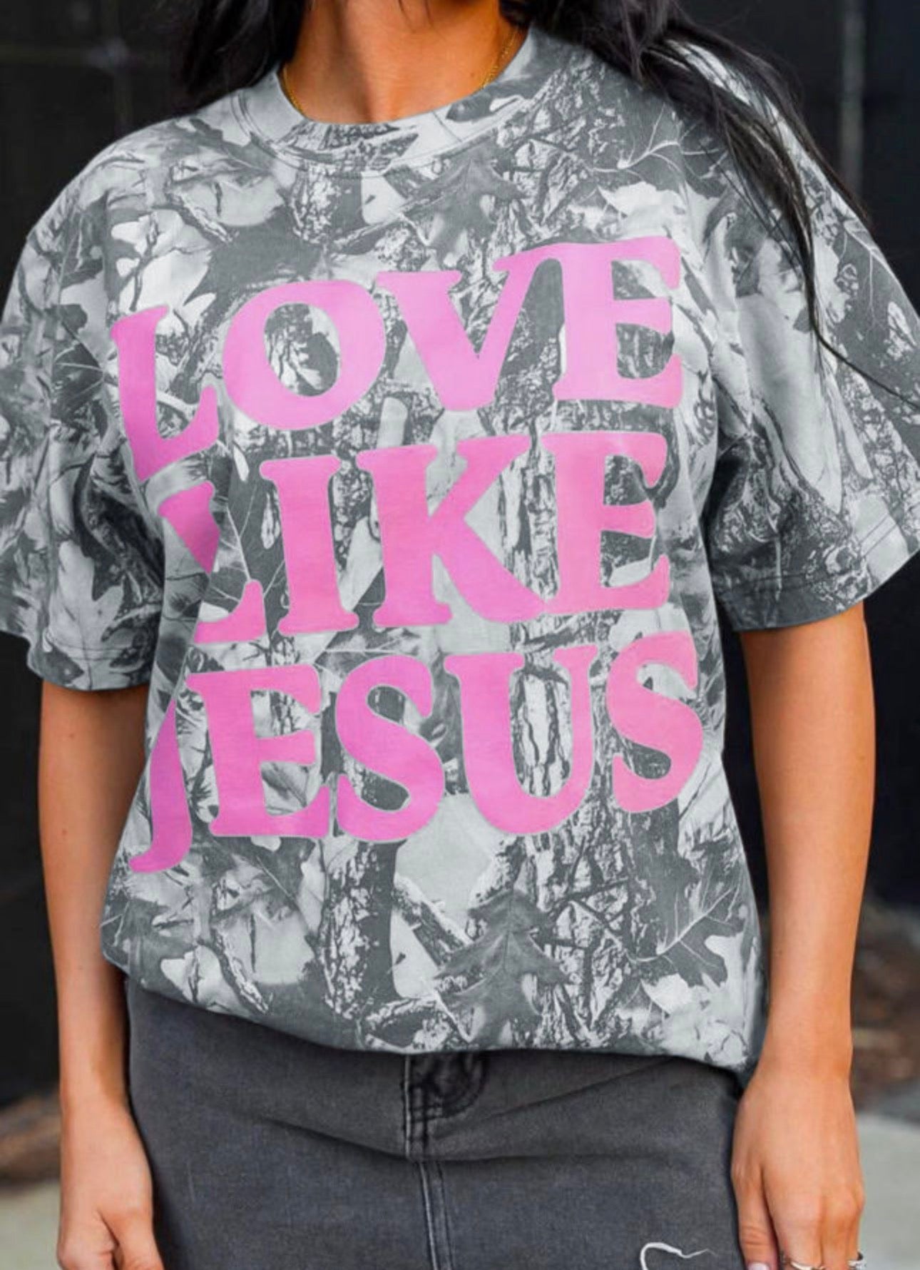 Pink Camo Woodland Love Like Jesus Tee