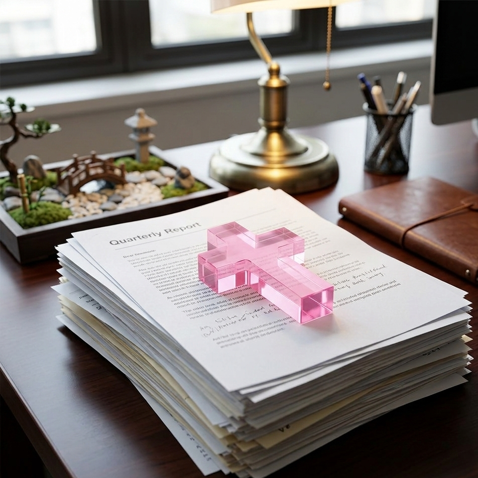 Pink cross on top of a stack of papers on a desk with a lamp and notebook in the background.