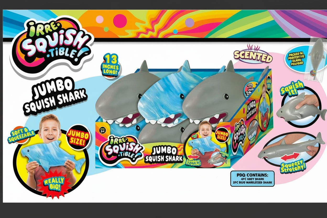 Irr-e-Squish-tilble Jumbo Squish Shark packaging with colorful design and shark illustrations.
