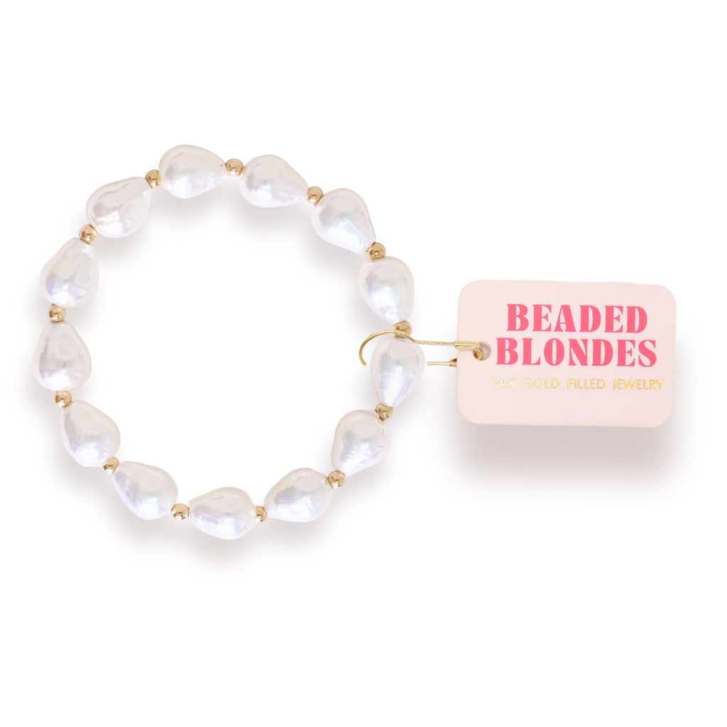 Saylor Pearl Bracelet in Gold  with 'Beaded Blondes' tag on a white background