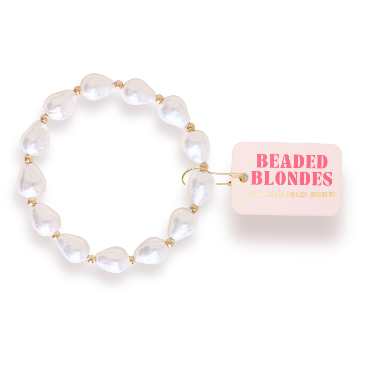 Saylor Pearl Bracelet in Gold  with 'Beaded Blondes' tag on a white background
