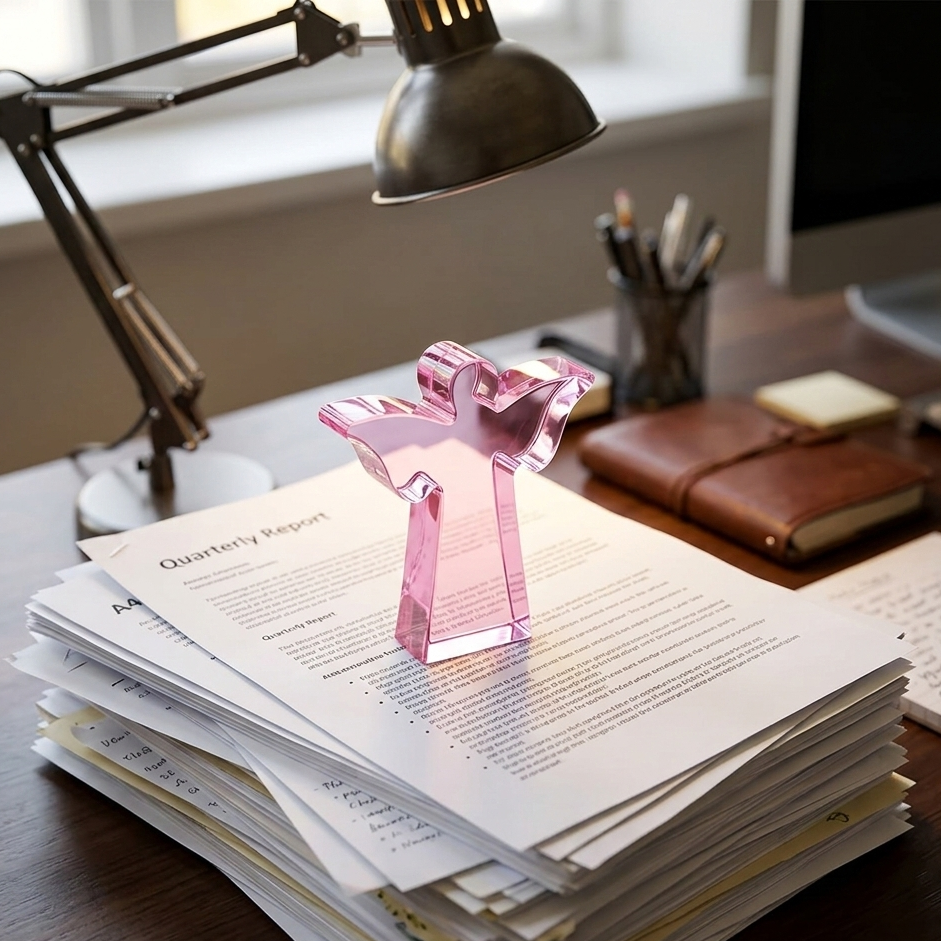 Pink glass cross on top of a stack of papers with a lamp and desk items in the background.
