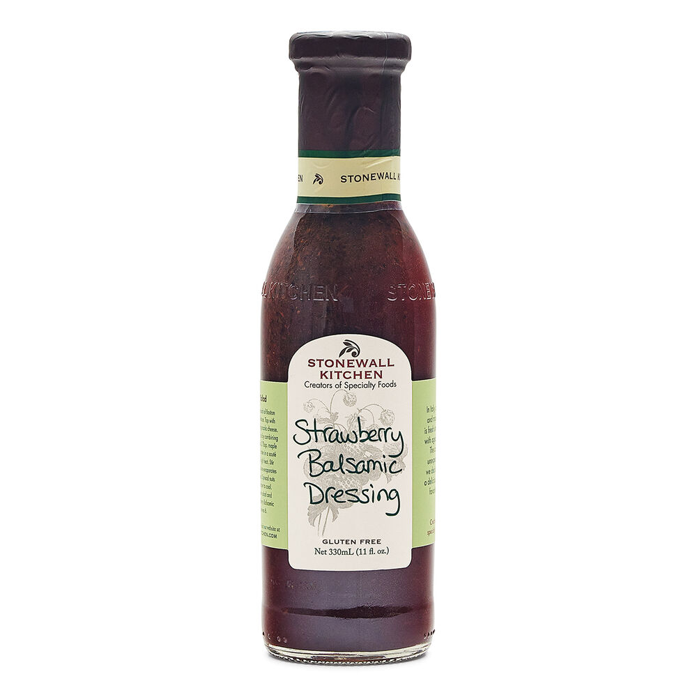 Bottle of Stonewall Kitchen Strawberry Balsamic Dressing on a white background