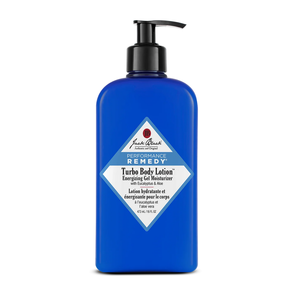 Blue bottle of Jack Black Turbo Body Lotion on a white background