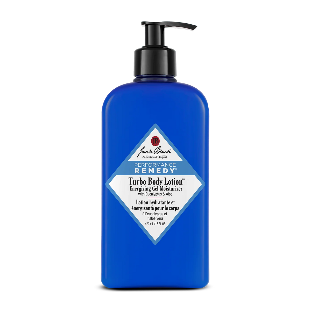 Blue bottle of Jack Black Turbo Body Lotion on a white background