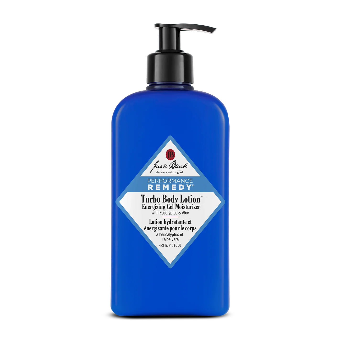 Blue bottle of Jack Black Turbo Body Lotion on a white background