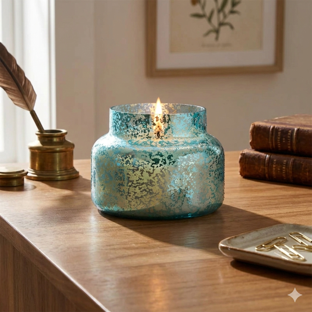 VOLCANO AQUA OPALINE SINGATURE JAR, 19 oz