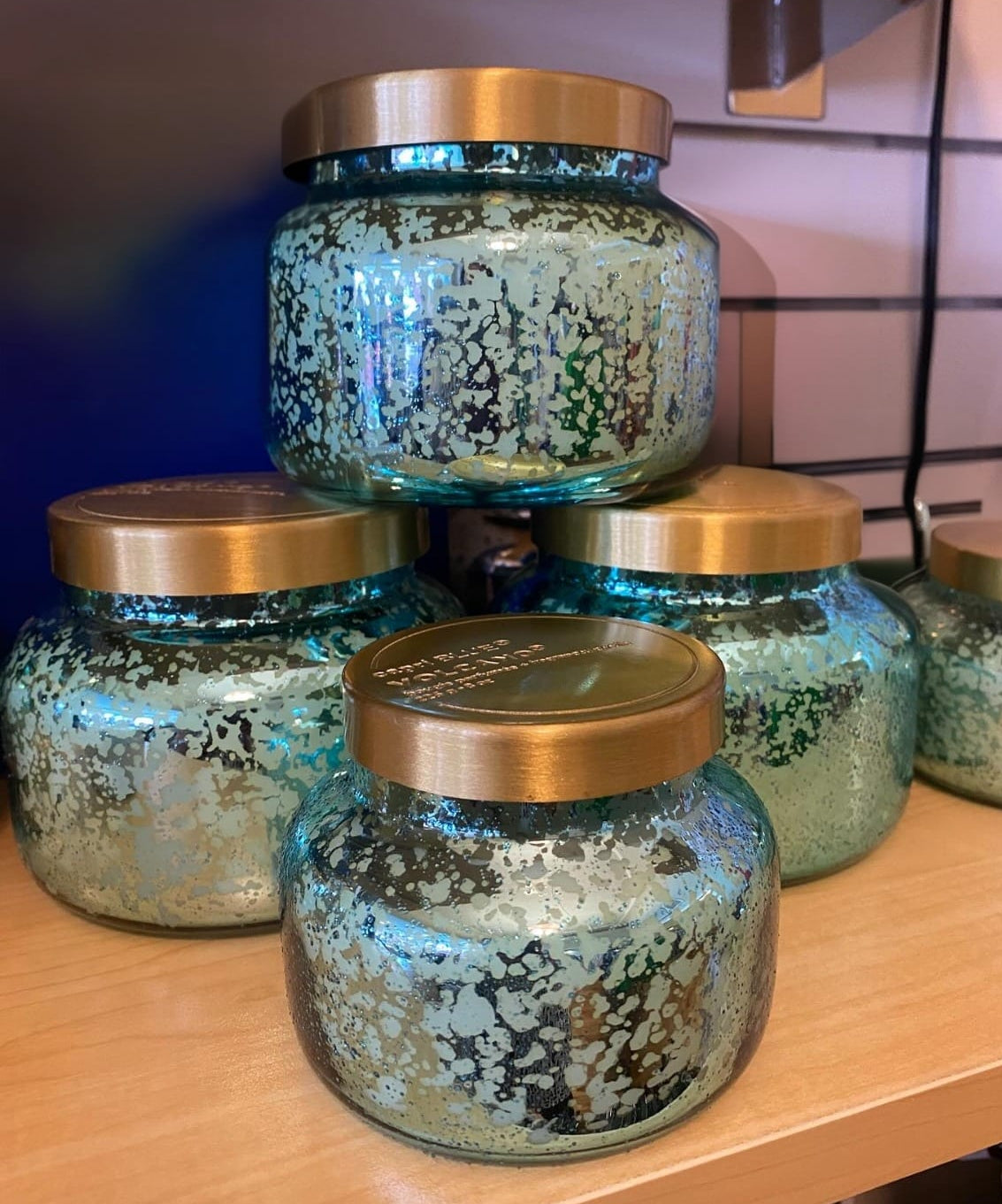 VOLCANO AQUA OPALINE SINGATURE JAR, 19 oz