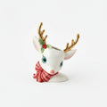 Two ceramic Christmas deer figurines with gold antlers, green holly accents, and red-and-green striped scarves, shown on a clean white background.