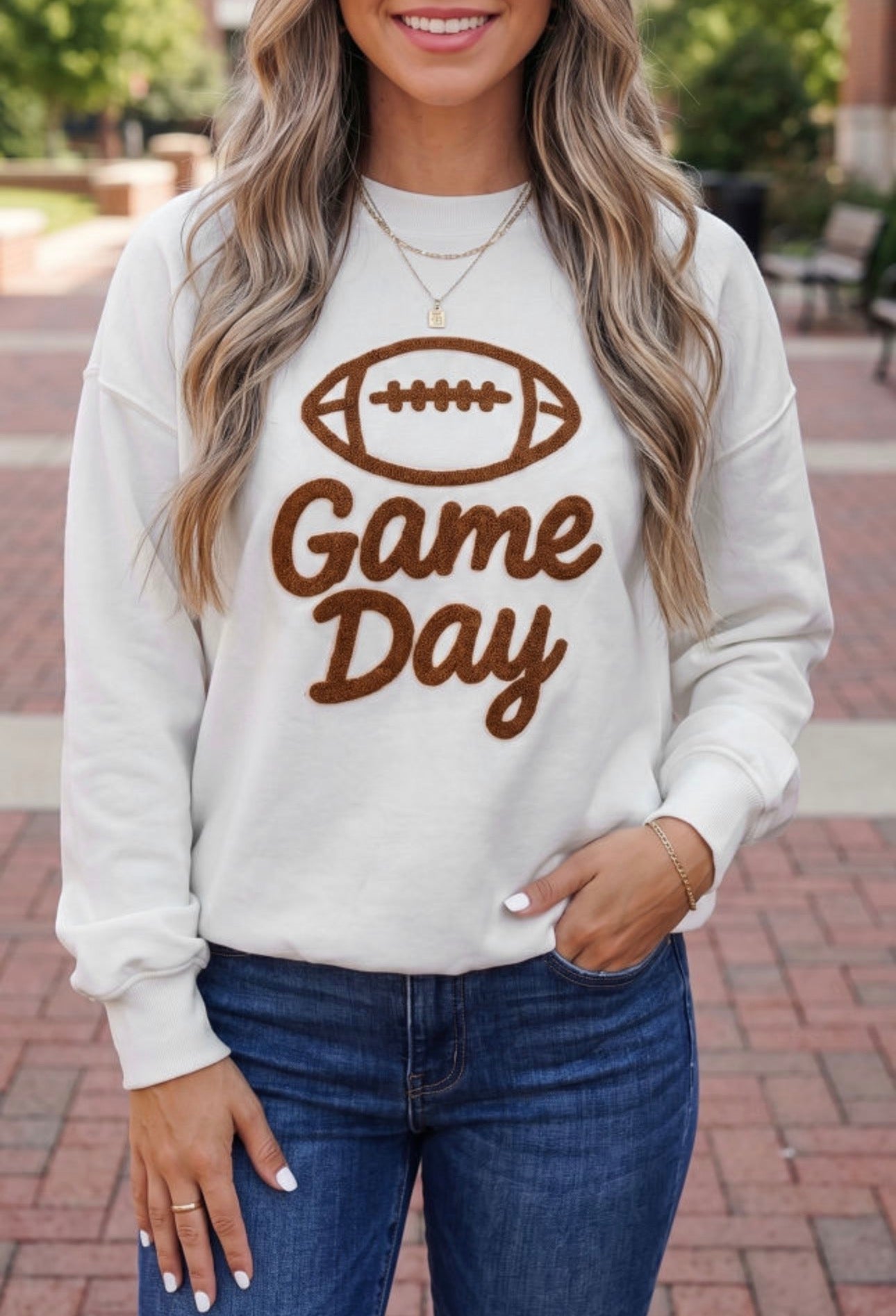 White embroidered Game Day Crewneck Sweatshirt
