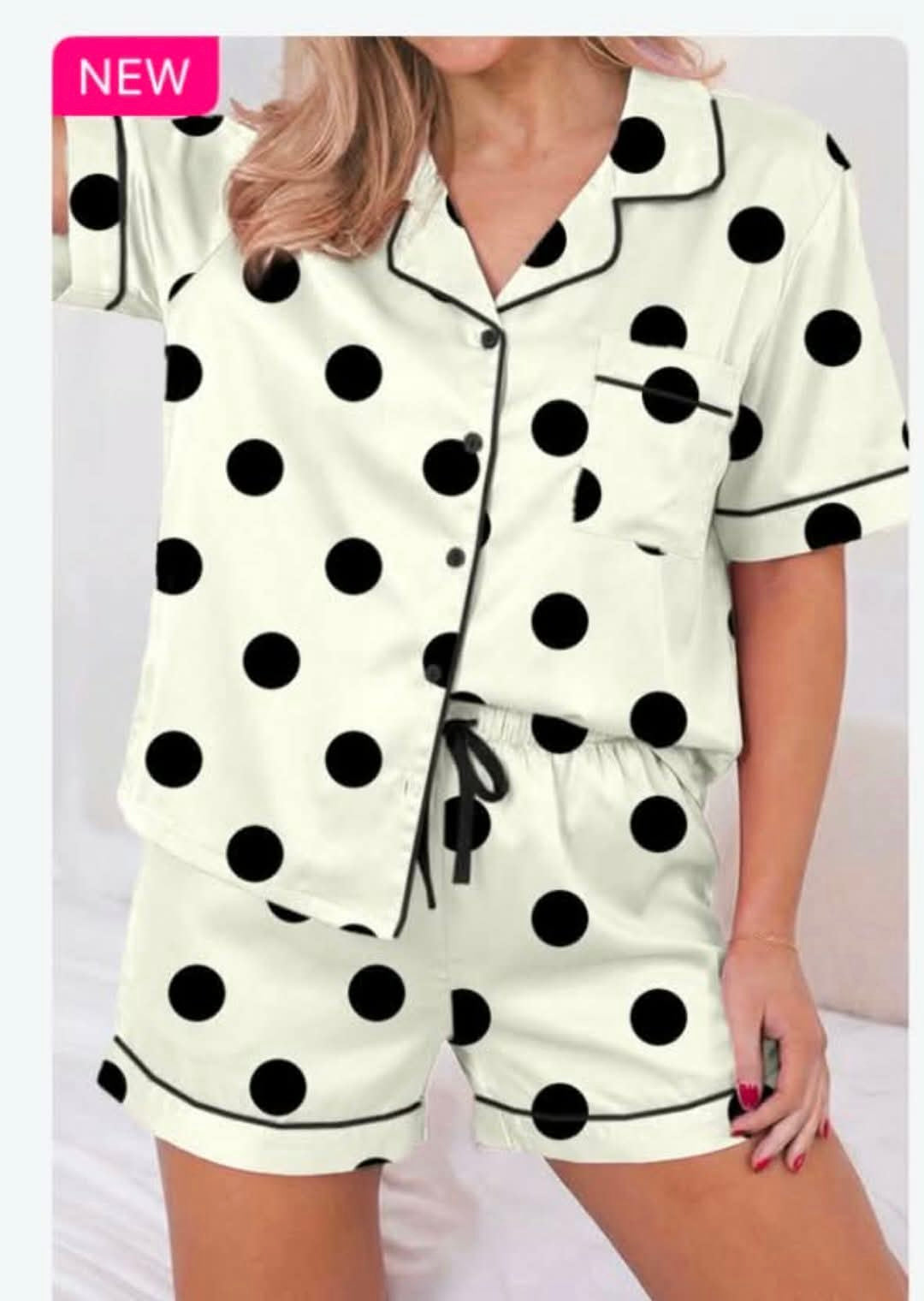 White Polka Dot Print Lapel PJ Set