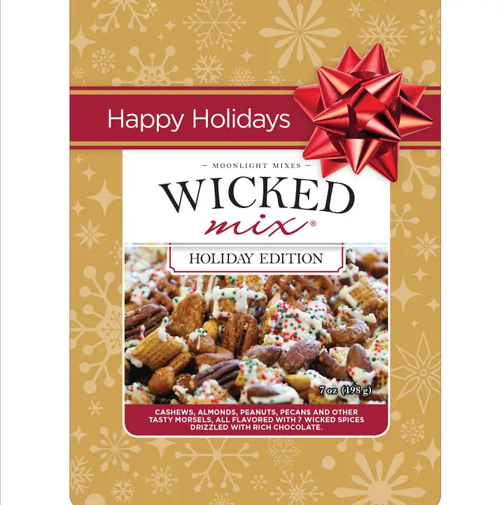 Wicked Mix Holiday Edition snack bag by Moonlight Mixes, featuring a festive gold background with snowflakes, a red 'Happy Holidays' banner, a large red bow graphic, and a photo of the cashew almond pecan chocolate snack mix on the front.