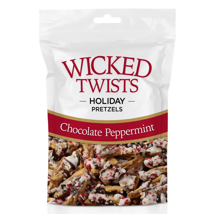 A bag of Wicked Twists Holiday Pretzels in the Chocolate Peppermint flavor, featuring a white and red package design with a photo of the candy-coated pretzels at the bottom.