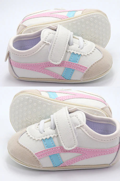 Off White Infant Tennis Shoes With Pink & Blue Design & Velcro