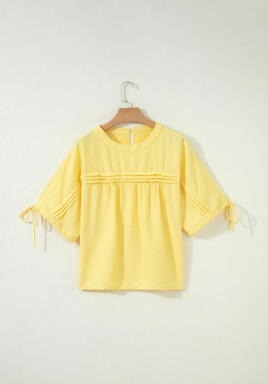 Yellow Tie Half Sleeve Pleated Blouse