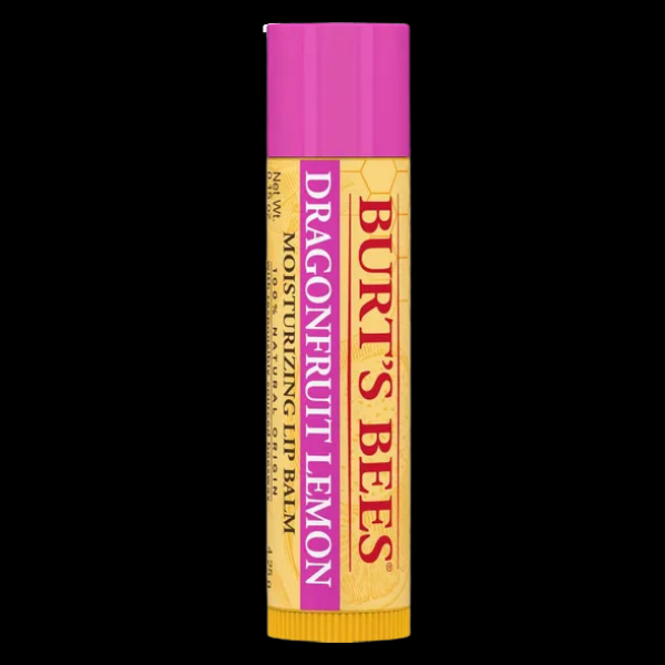 Burt's Bees Dragonfruit Lemon lip balm with pink cap on a white background