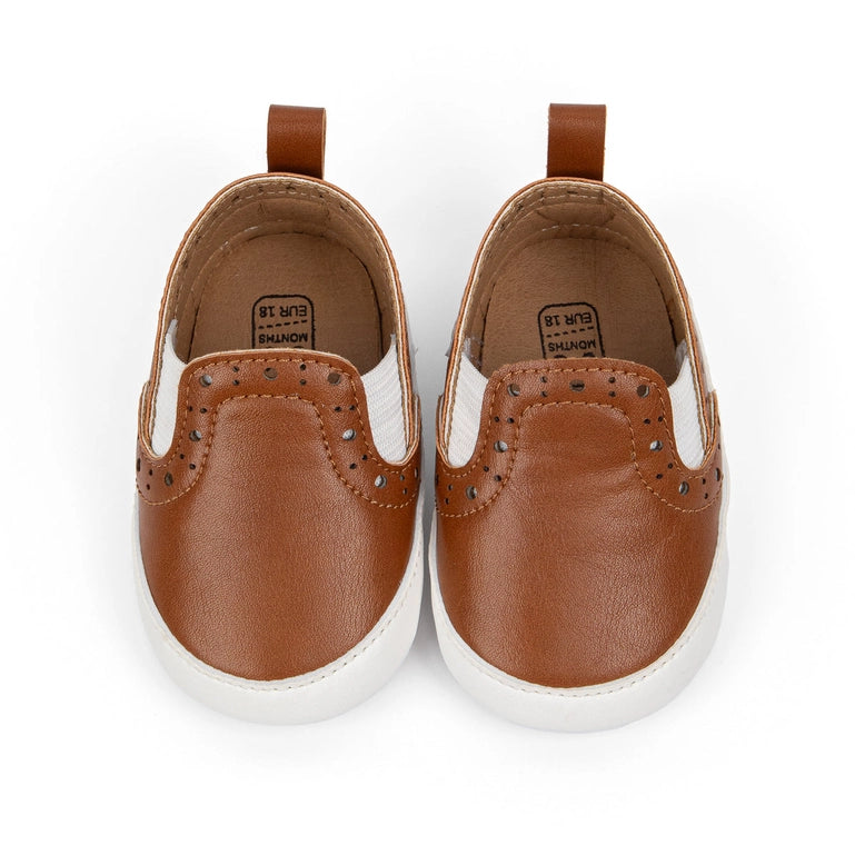 Brown Pleather slide of baby shoes with elastic