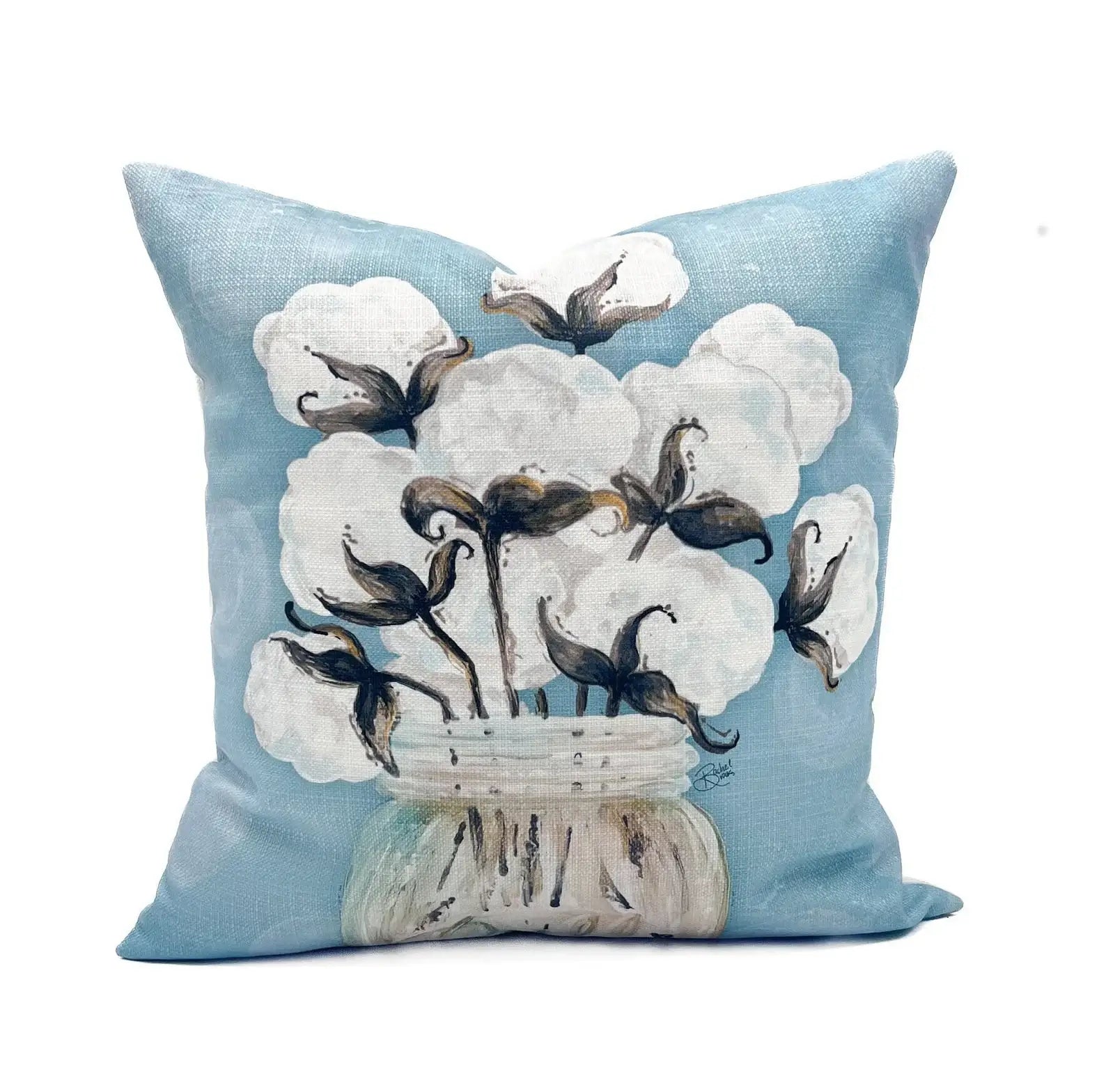 Blue Cotton in Mason Jar Pillow - Fall Throw Pillow