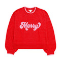 "MERRY" SCALLOP TRIM RELAXED SWEATER,RED