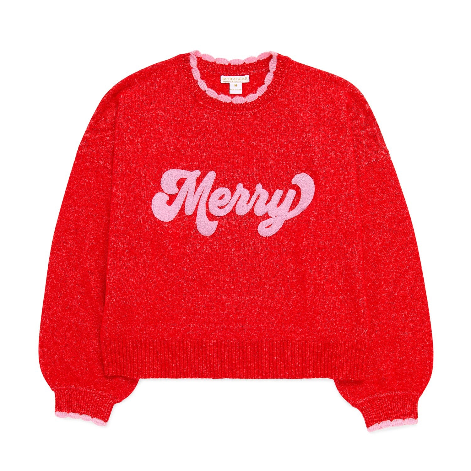 "MERRY" SCALLOP TRIM RELAXED SWEATER,RED