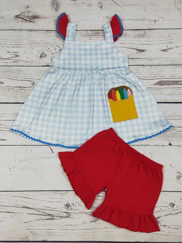 Crayon Applique Girls Back to School Shorts Set