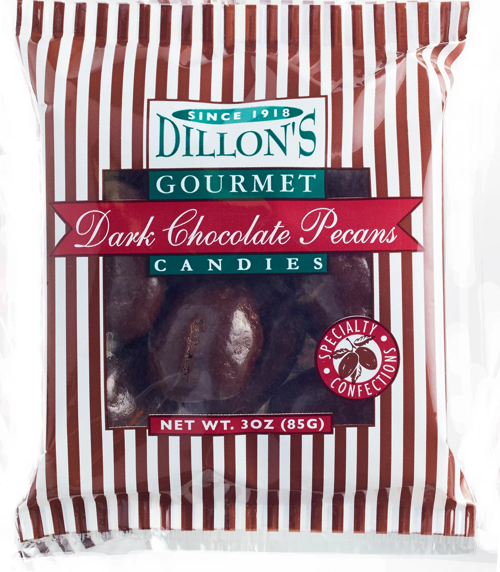 Dillon's Gourmet Dark Chocolate Pecans Candies packaging with red and white striped design.