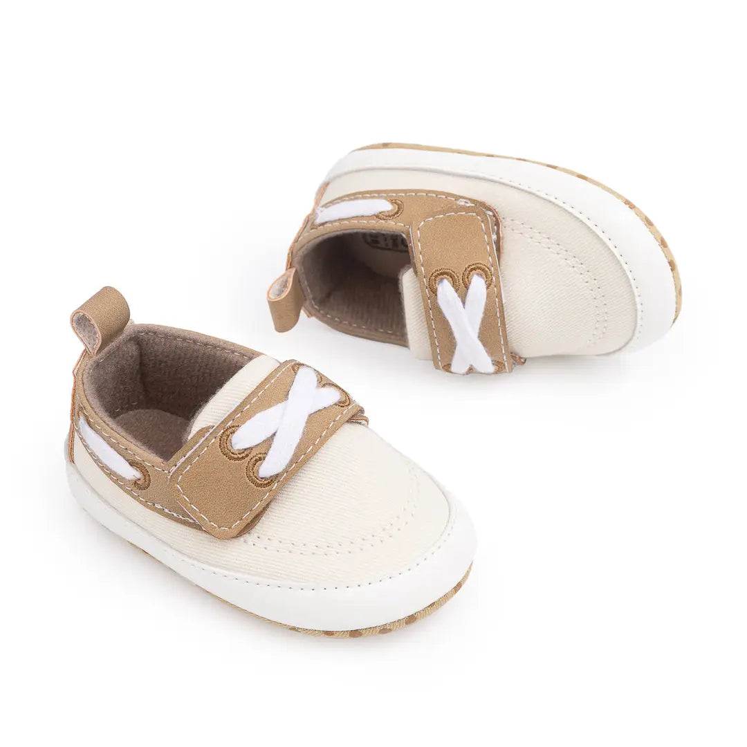 Cream Canvas & Pleather Baby Shoes- 6-12Months (12CM)