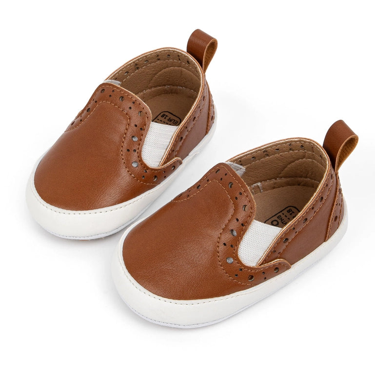Brown Pleather slide of baby shoes with elastic