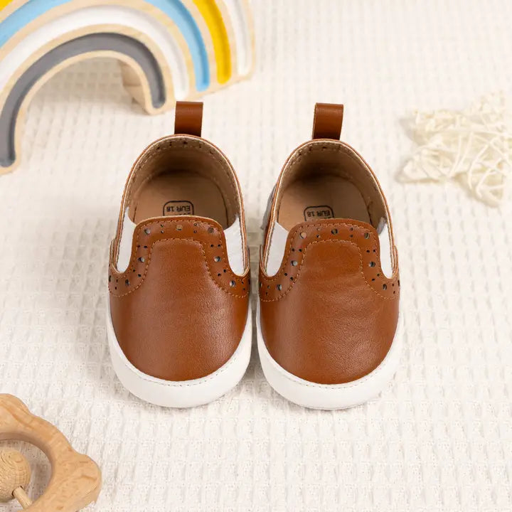 Brown Pleather slide of baby shoes with elastic