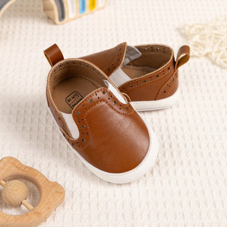 Brown Pleather slide of baby shoes with elastic