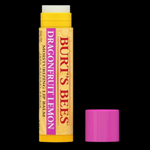 Burt's Bees Dragonfruit Lemon lip balm with yellow and purple packaging on a black background