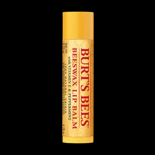 Burt's Bees beeswax lip balm on a black background