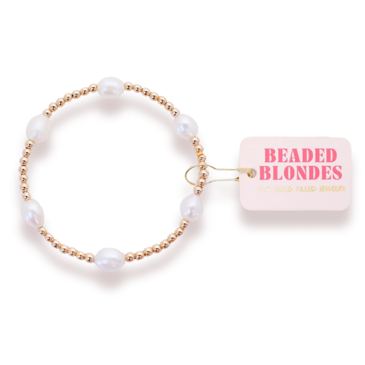 Pearl bracelet with gold accents and a 'Beaded Blondes' box on a white background