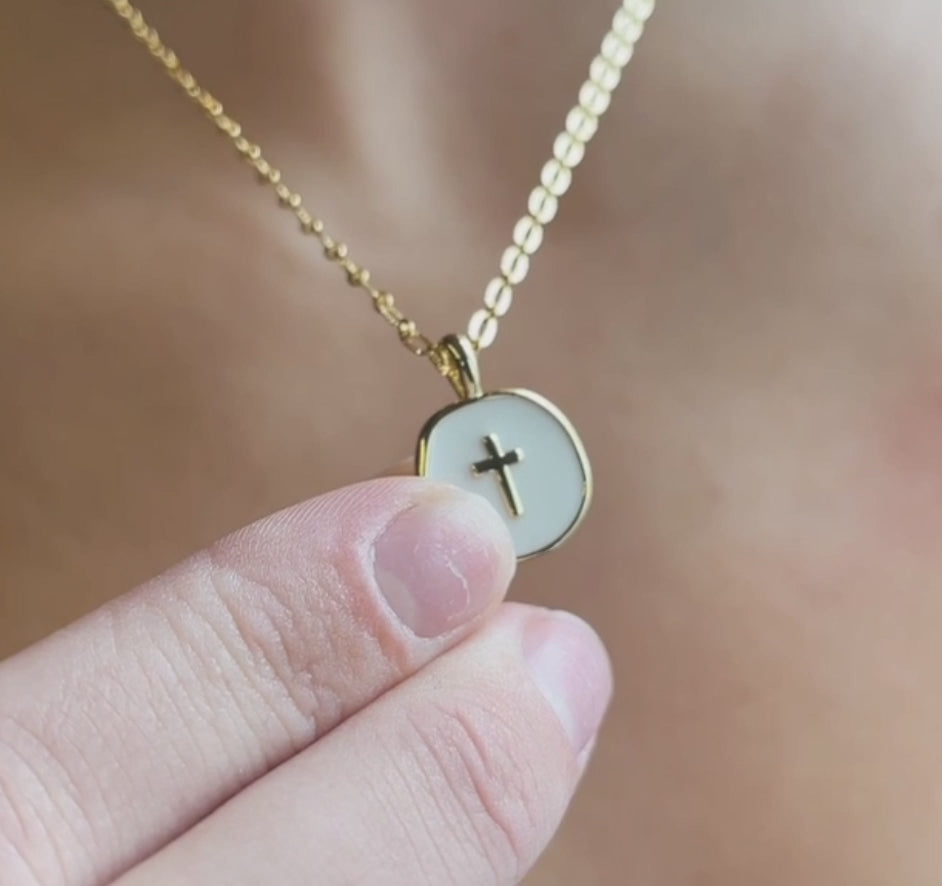 Faith Over Fear White Enamel Cross Pendant on Gold Chain