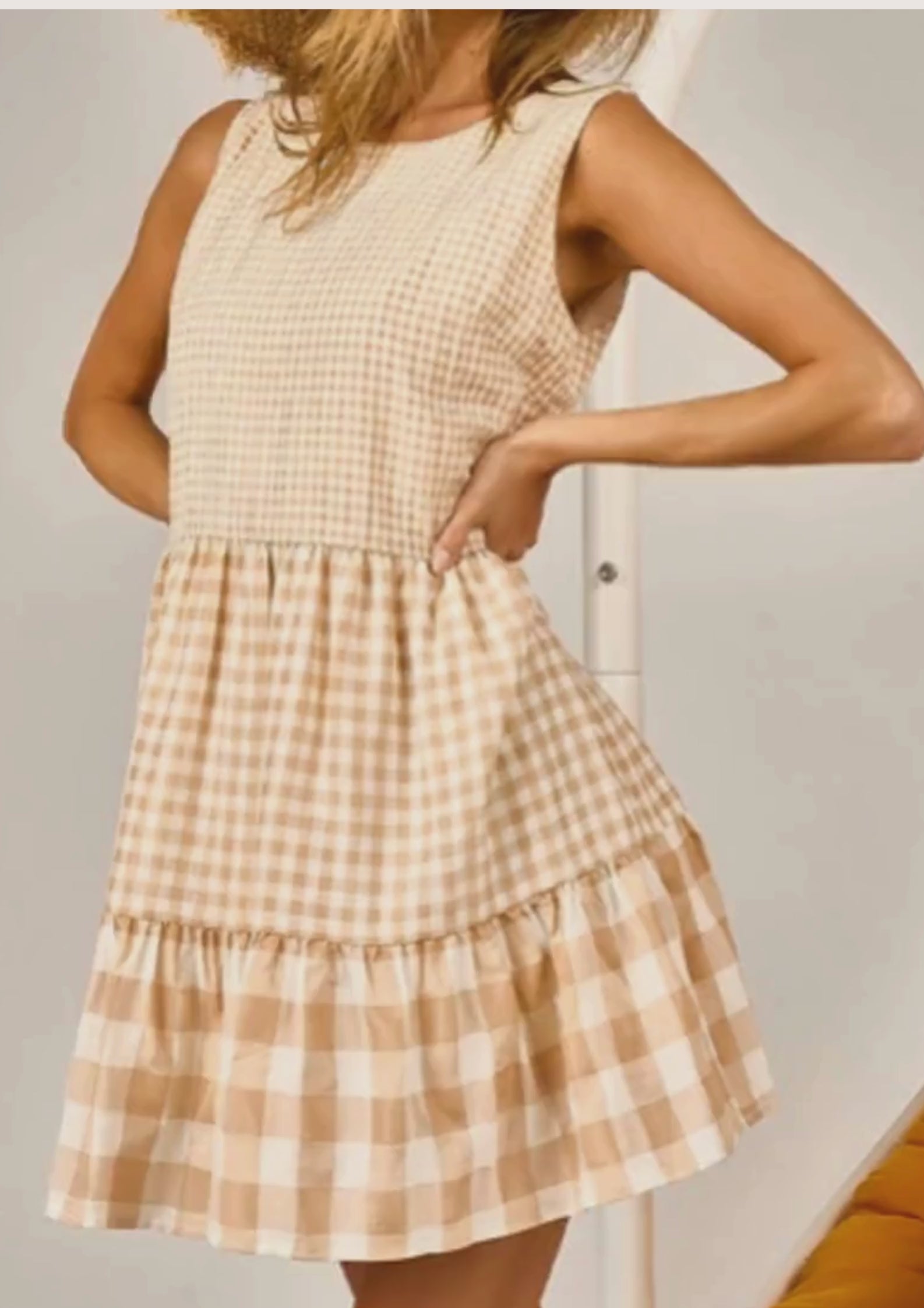 Sleeveless Check Tiered Dress