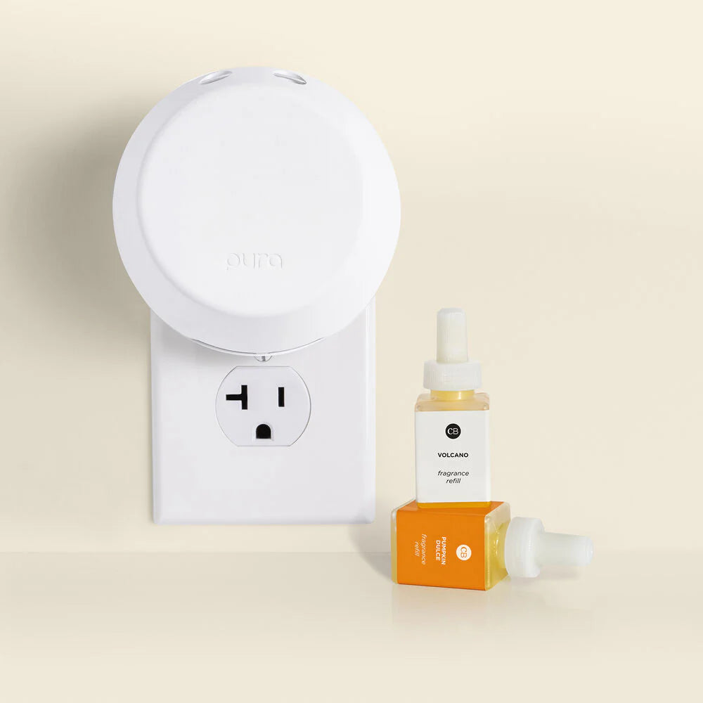 Capri Blue Volcano and Pumpkin Dulce Pura 4 smart home diffuser kit with two fragrance vials and modern white diffuser