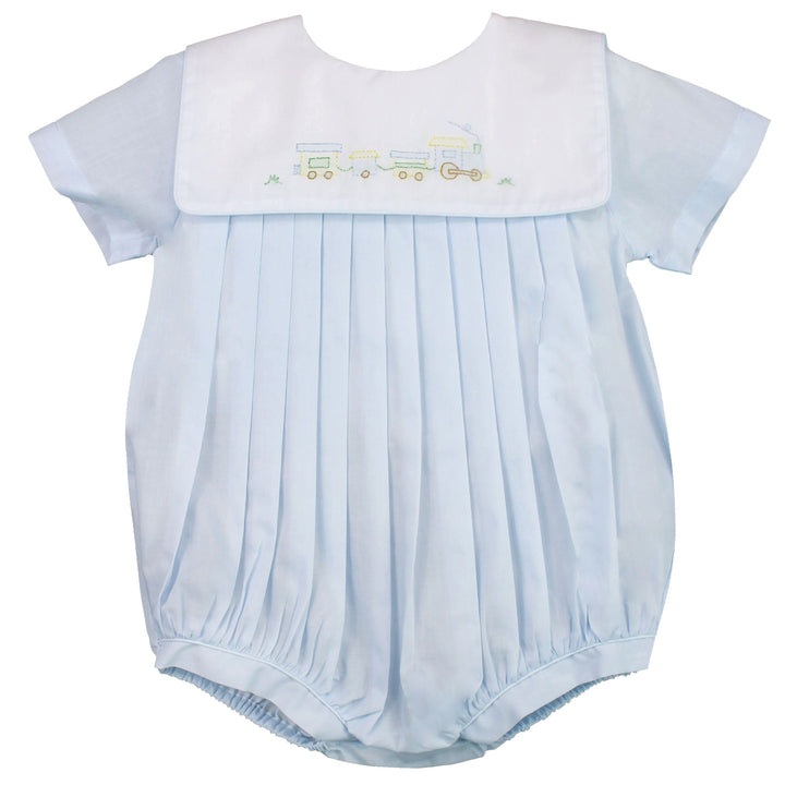 Romper with Train Embroidery in Blue