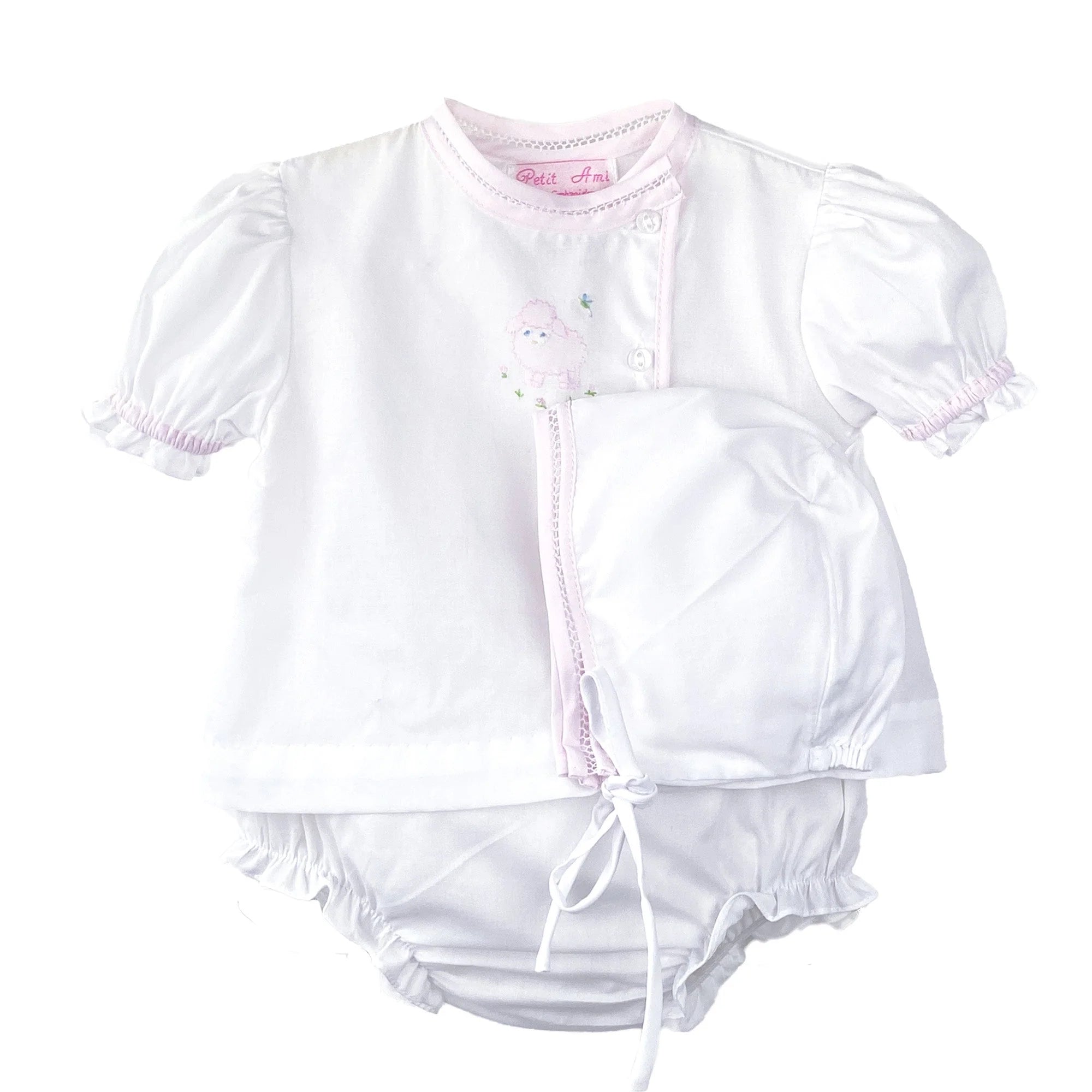 White heirloom baby diaper set with shadow stitch lamb embroidery, pink trim, matching bloomers, and bonnet